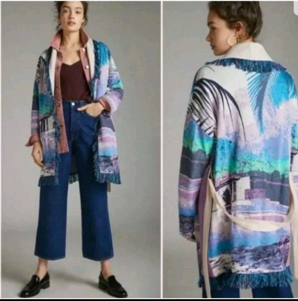 NWT Anthropologie Aldo Martins Tropical Boho Fringed Cardigan with Pockets sz MP